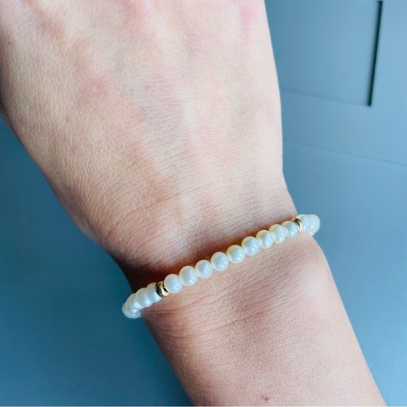Vintage 14k Gold Natural White Pearl 5mm Beaded Strand Bracelet 7” - Picture 4 of 7